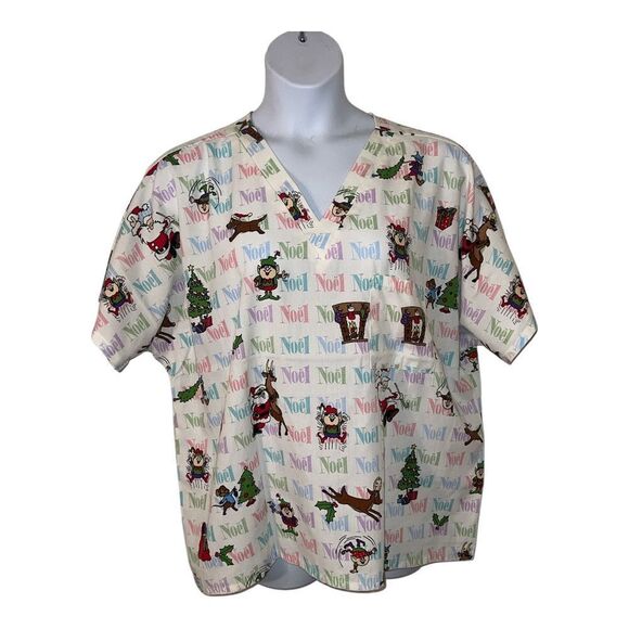 Simply Basic Women's Christmas Scrubs Top XL White Multi - Picture 1 of 5